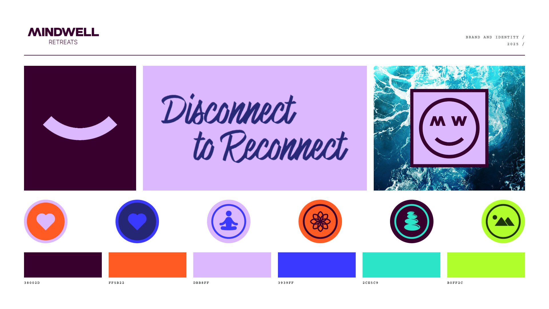 Brand identity: the MindWell wordmark, the smile icon, the Disconnect to Reconnect lettering, the squared smile over ocean, the heart and category icons and the six brand colours