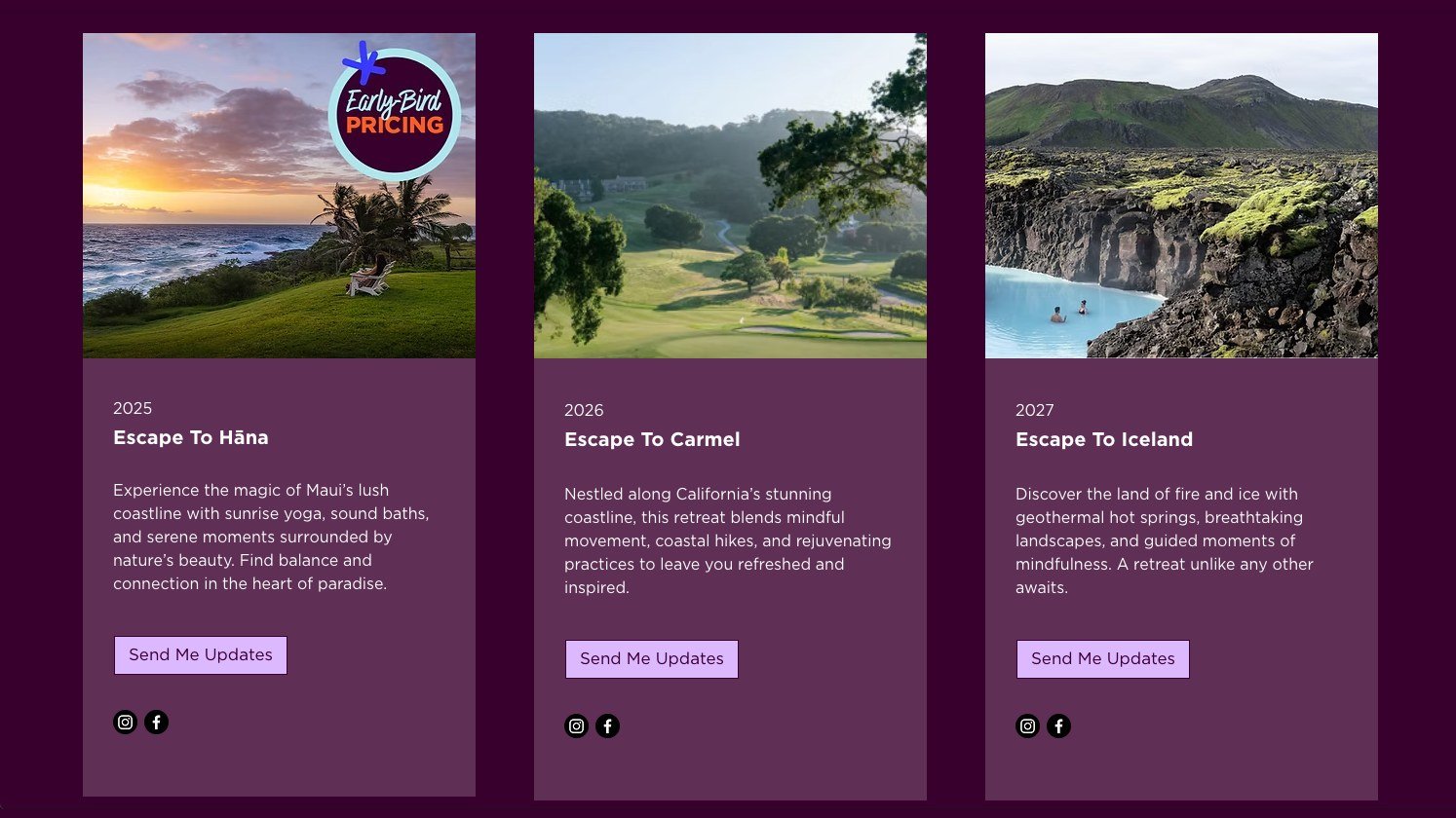 MindWell Retreats go-to-market: the three-year retreat roadmap, Hana, Carmel and Iceland, with early-bird pricing