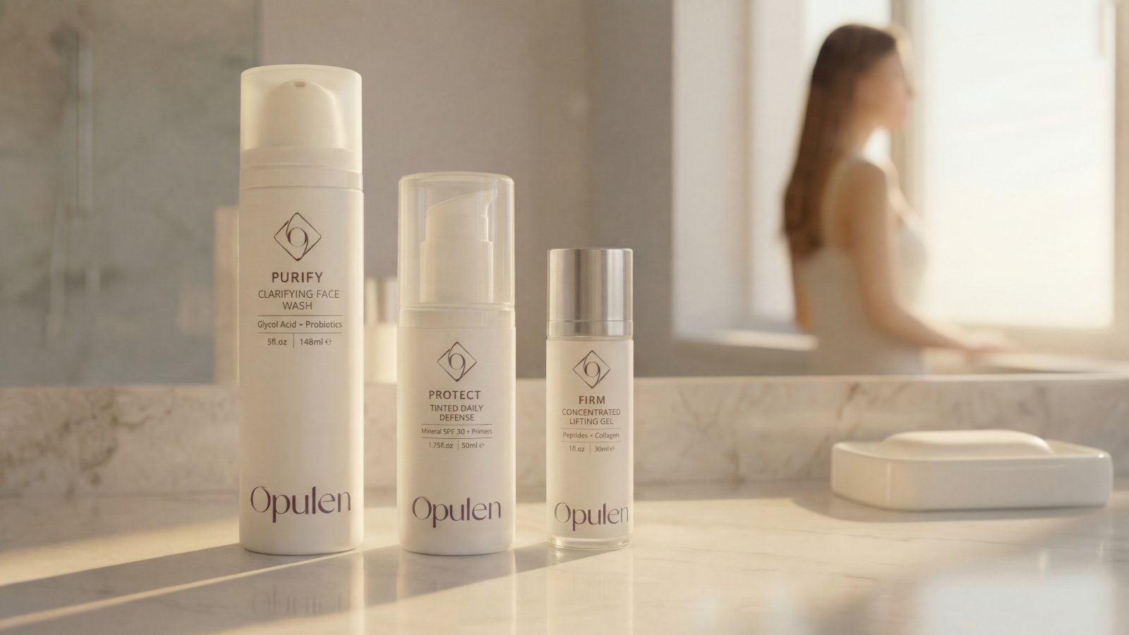 Three Opulen bottles, Purify, Protect and Firm, on a marble bathroom counter in morning light.