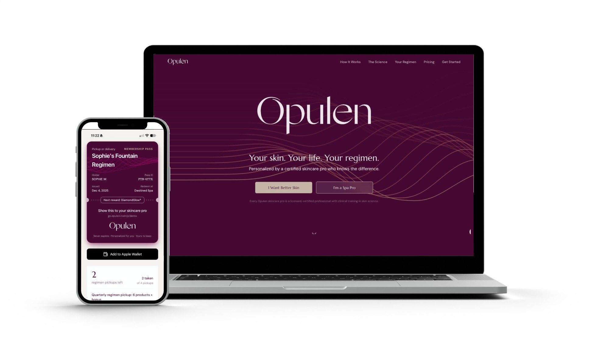 The Opulen website on a laptop beside the client's membership pass on a phone.