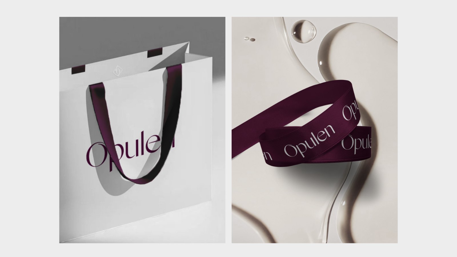 Opulen retail bag and printed ribbon in plum on porcelain.