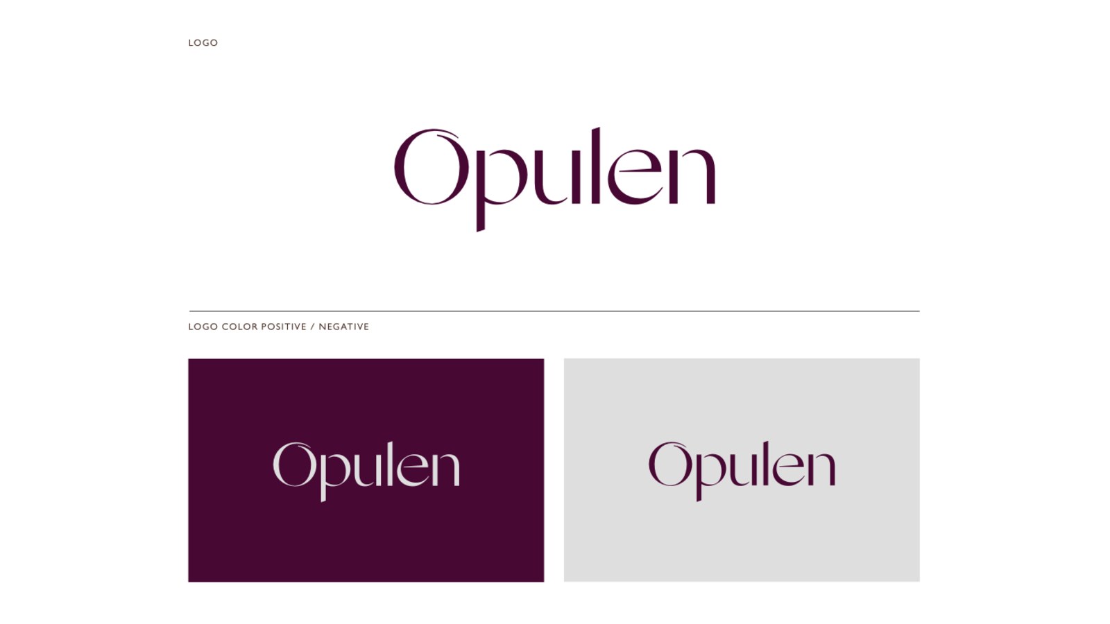 The wordmark specified in three states, plum on white, porcelain on plum and plum on grey.