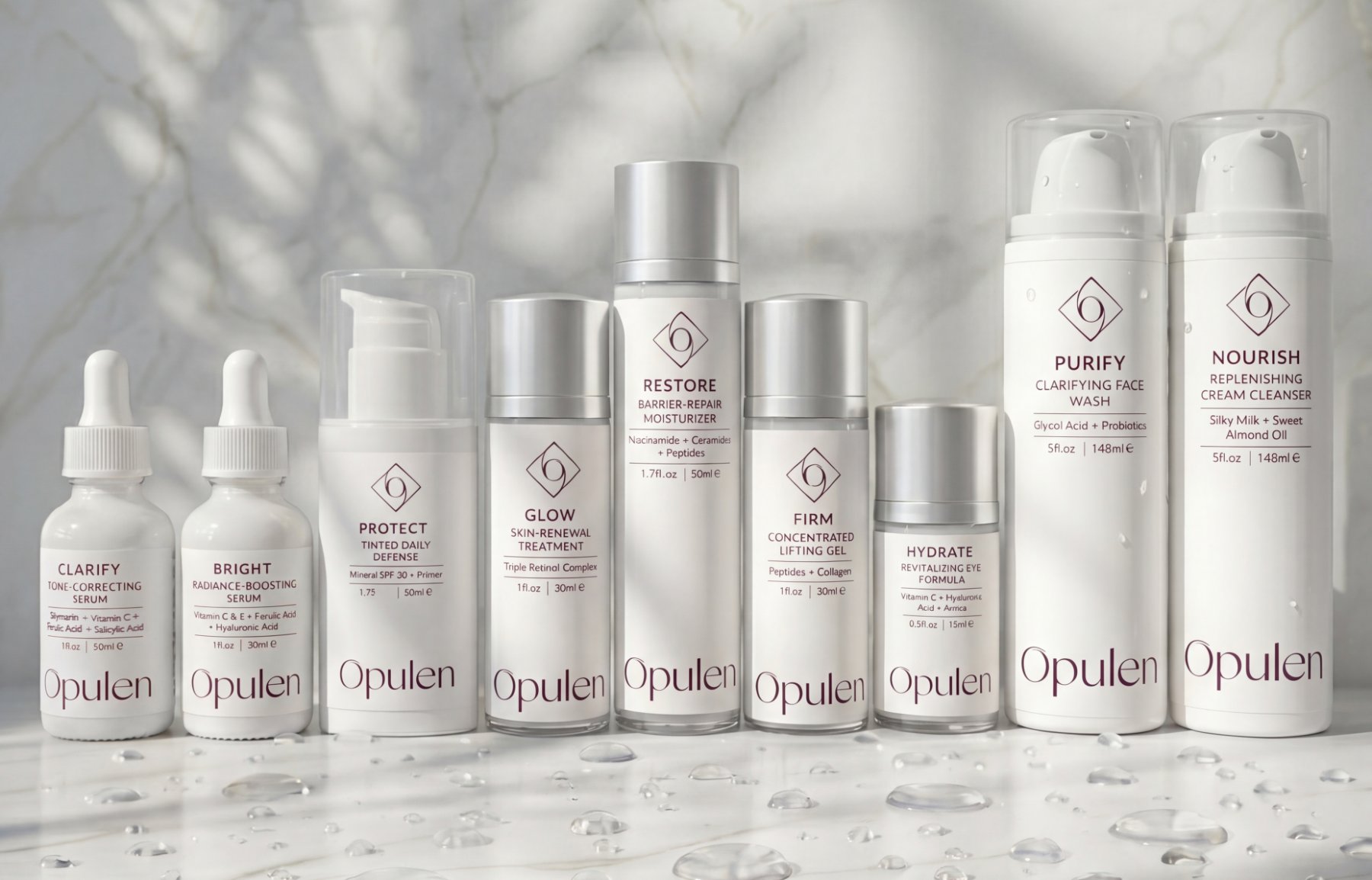 The full Opulen line, nine products in the containers and labeling we designed.