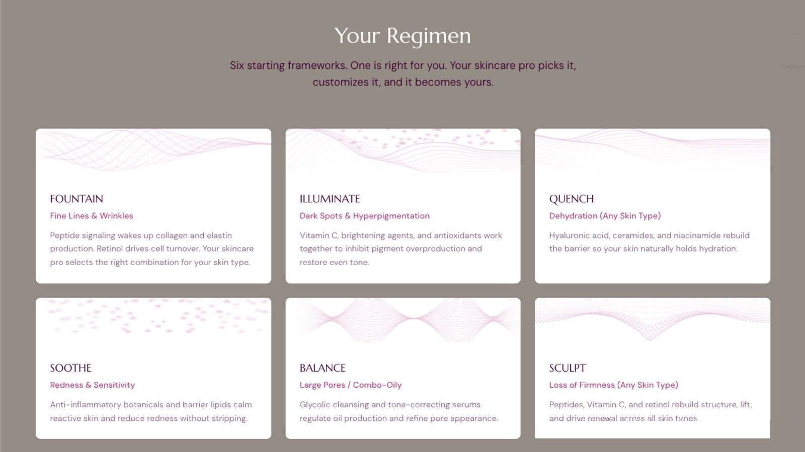 The six starting regimen frameworks a professional selects from and customises.