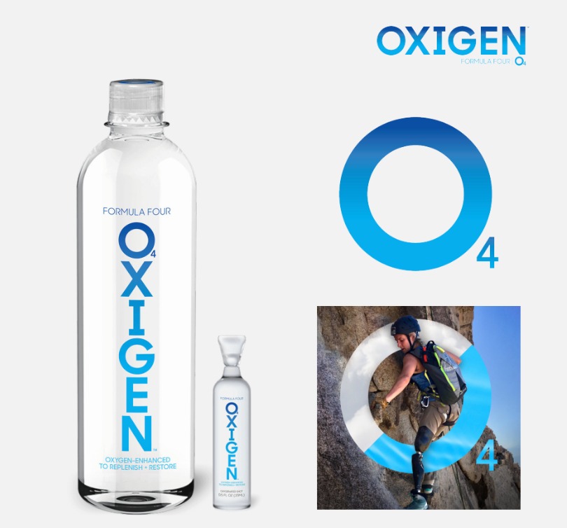 Oxigen packaging and brand identity: the water bottle, the shot bottle and the O4 mark