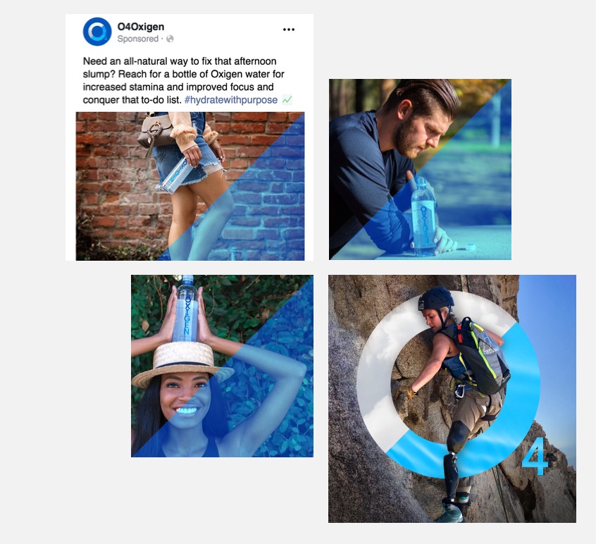 Oxigen integrated campaign development: sponsored social ads and lifestyle photography in the brand's blue diagonal system
