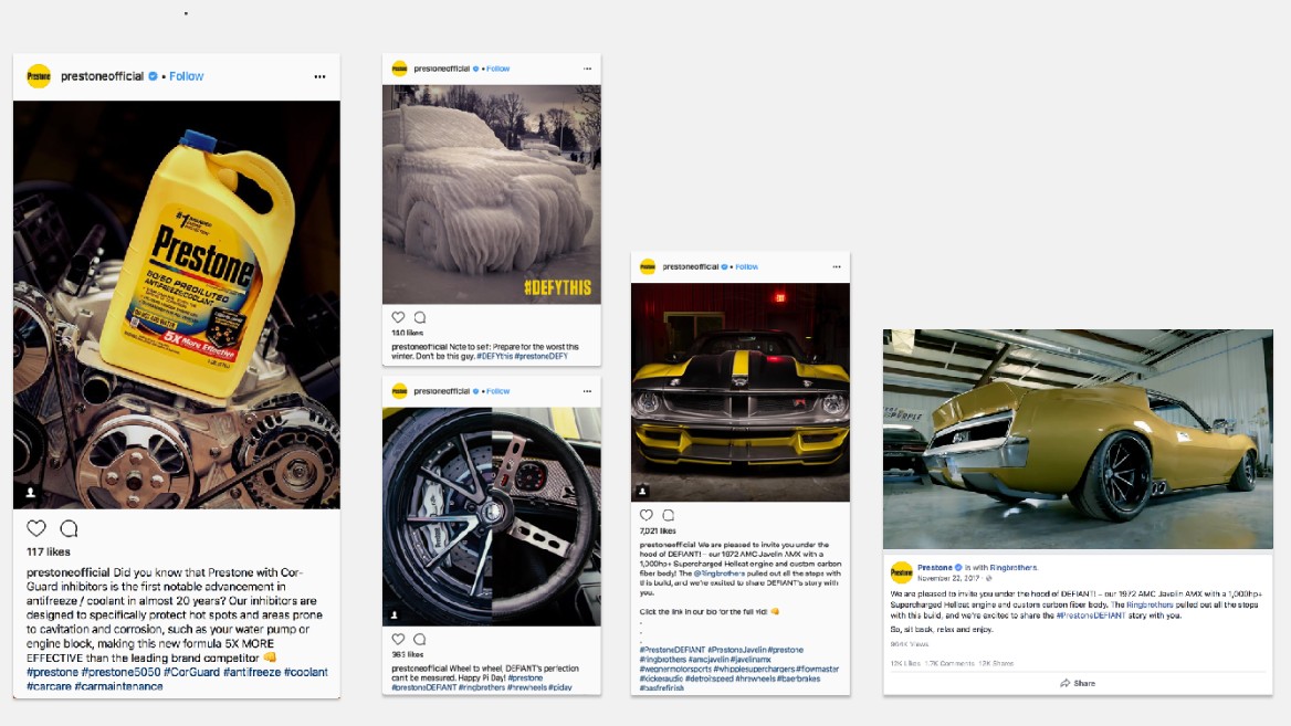 Prestone social content: the Instagram grid of DEFY posts, product photography and the DEFIANT build