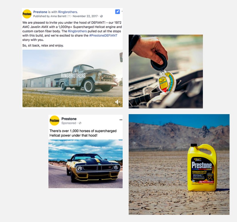 Prestone social campaign development: Facebook posts featuring the DEFIANT car build and the antifreeze bottle
