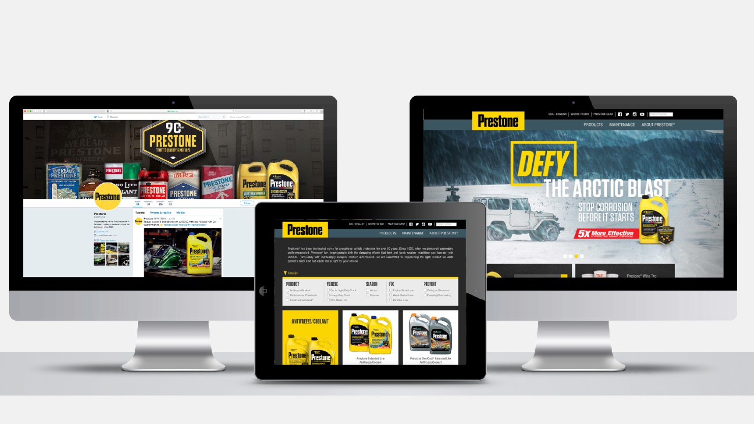 Prestone website design: the DEFY the Arctic Blast homepage on desktop and tablet