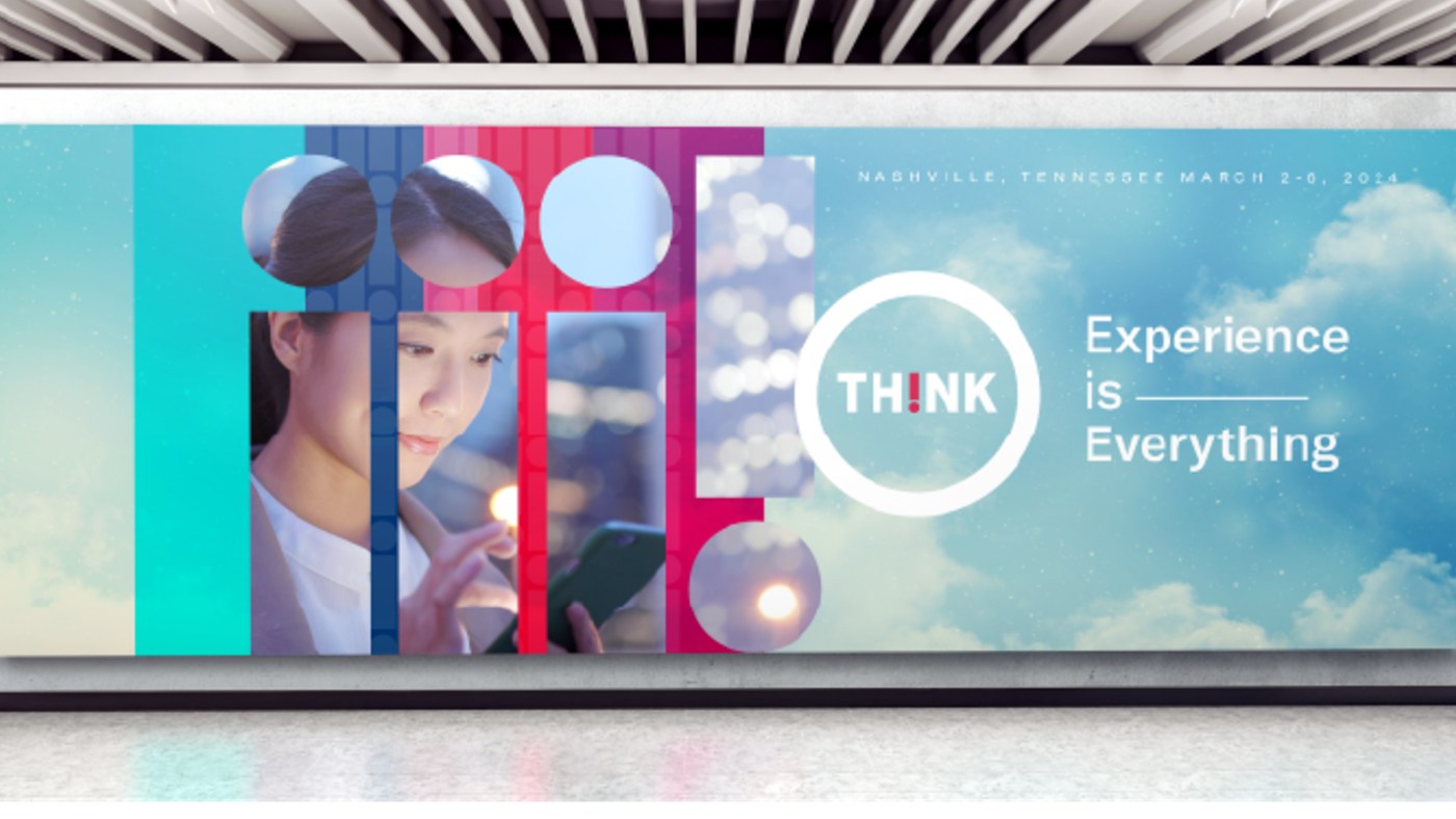 A THINK 24 billboard in an airport concourse: the TH!NK mark and "Experience is Everything" beside a gradient collage of delegates and city lights.