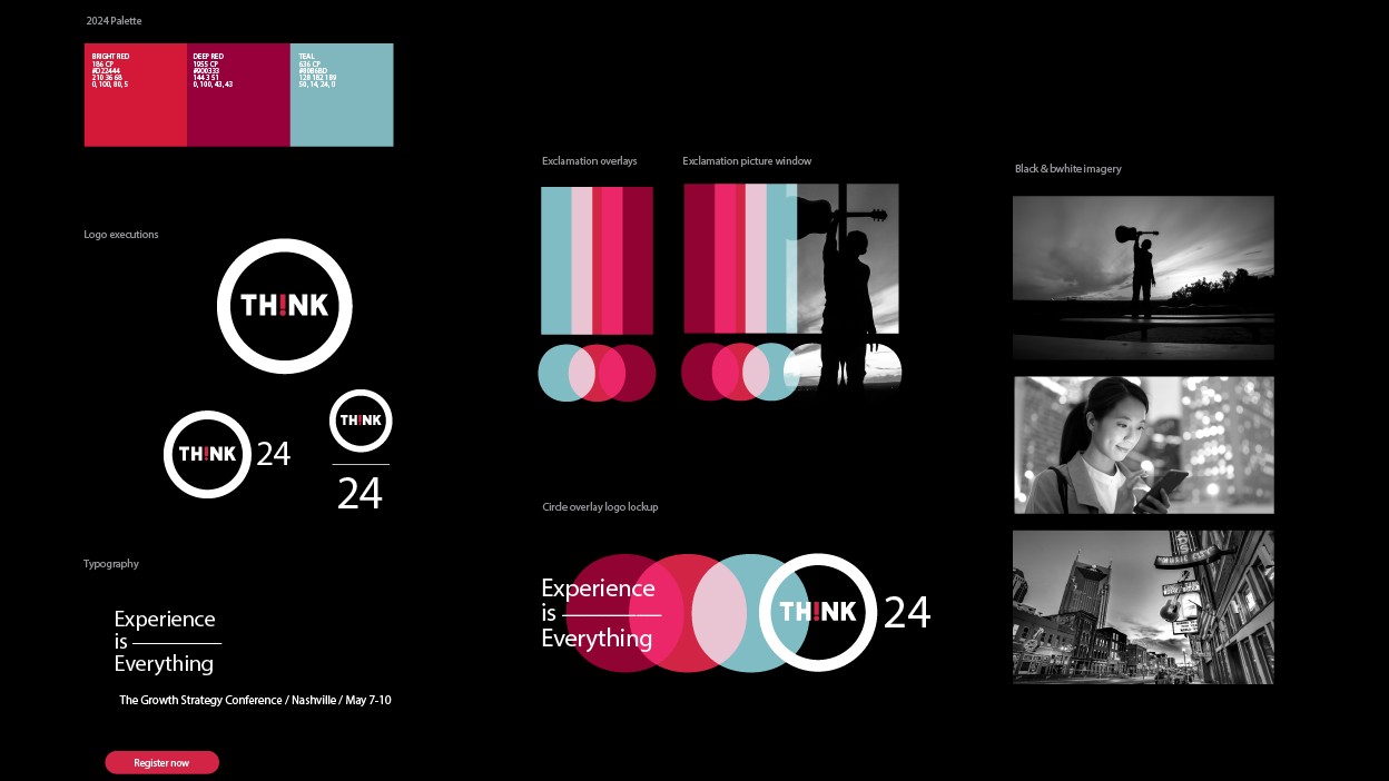 The THINK 24 identity system: palette, logo executions, typography, exclamation overlays and black and white imagery.