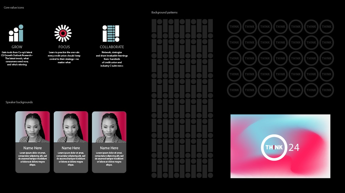 THINK 24 core value icons, background patterns, speaker cards and the gradient logo panel.