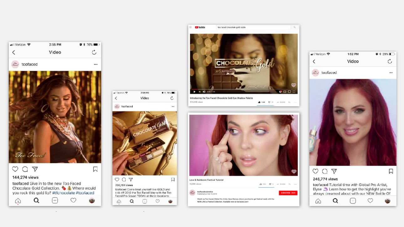 Too Faced creative development for social: the Chocolate Gold films cut to Instagram and YouTube formats
